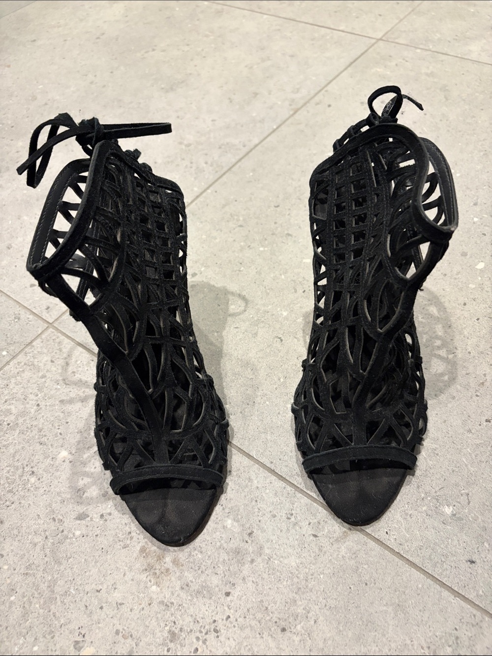 Zara Black Lace Cutout Tie-Up Heeled Sandals